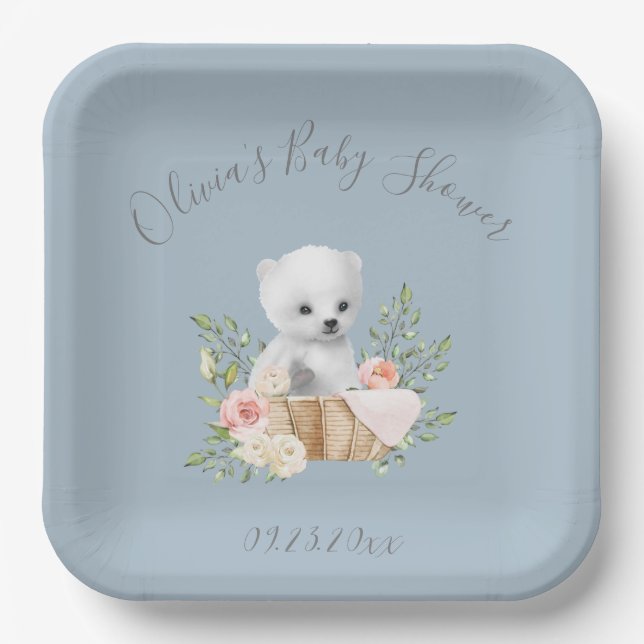 Polar Bear Blue Baby Shower Paper Plates (Front)