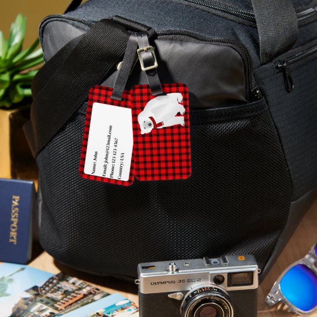 Polar Bear Buffalo Plaid Luggage Tag (Front & Back)