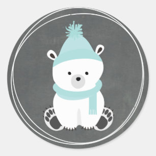 Polar Bear Chalkboard Inspired Blue Baby Shower Classic Round Sticker