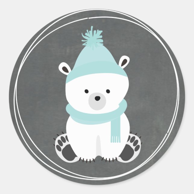 Polar Bear Chalkboard Inspired Blue Baby Shower Classic Round Sticker (Front)