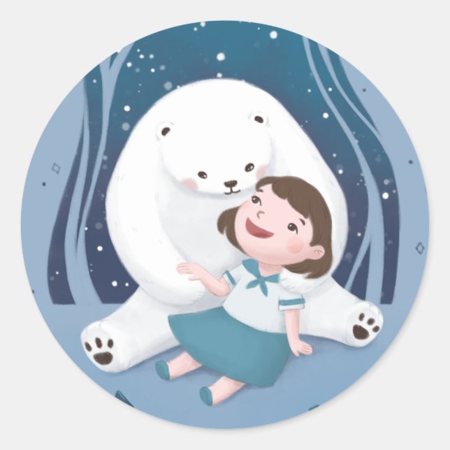 Polar Bear & Child Illustration Classic Round Sticker (Front)
