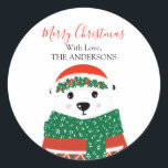 Polar Bear Christmas Family Name  Classic Round Sticker<br><div class="desc">Cute Polar bear illustration Christmas Merry Christmas stickers. Customisable!</div>