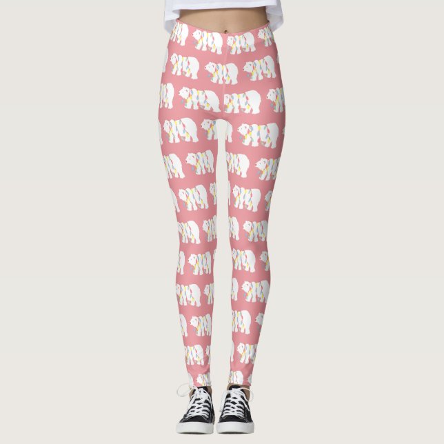 Polar Bear Christmas Lights Pattern Pink Holiday Leggings (Front)