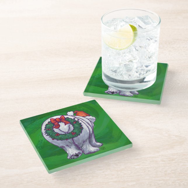 Polar Bear Christmas On Green Glass Coaster (Angled)