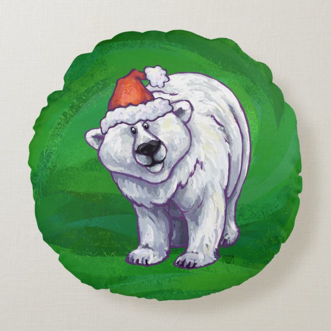 Polar Bear Christmas On Green Round Cushion (Front)