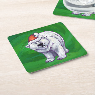 Polar Bear Christmas On Green Square Paper Coaster
