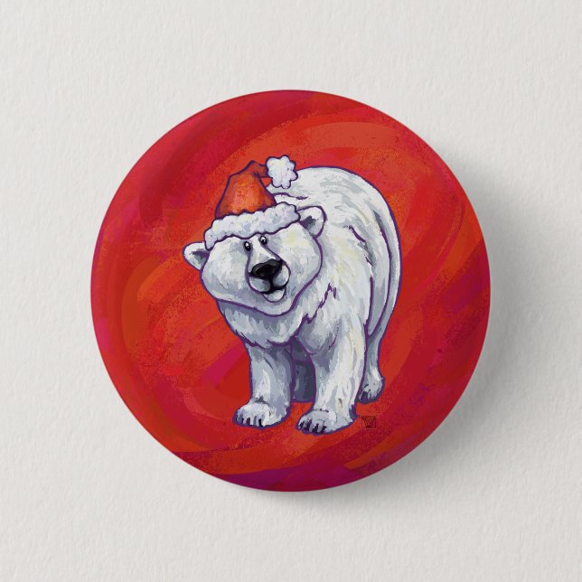 Polar Bear Christmas On Red 6 Cm Round Badge (Front)