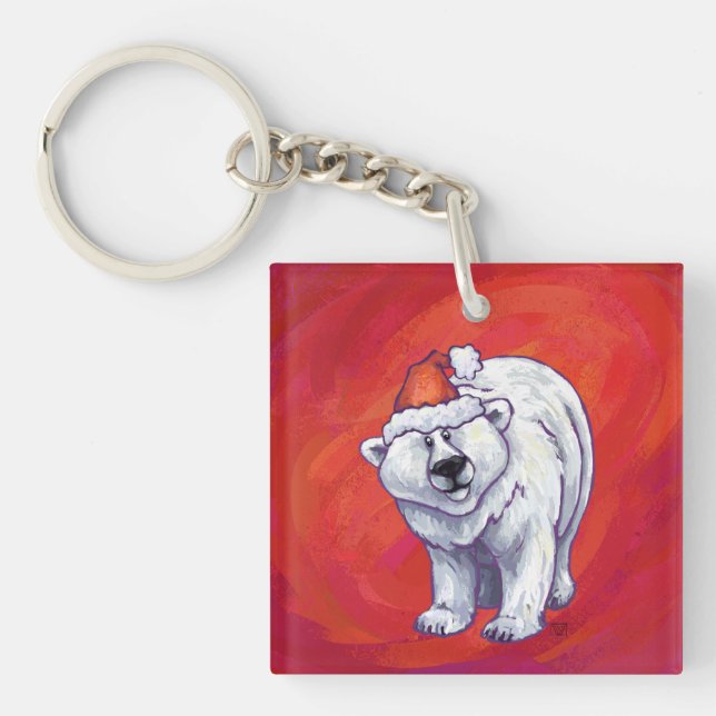 Polar Bear Christmas On Red Key Ring (Front)