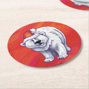 Polar Bear Christmas On Red Round Paper Coaster