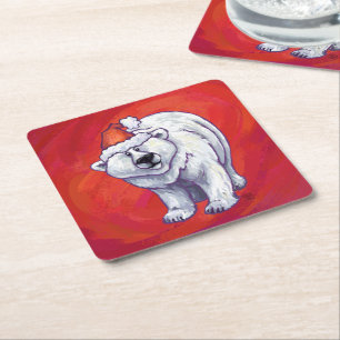Polar Bear Christmas On Red Square Paper Coaster