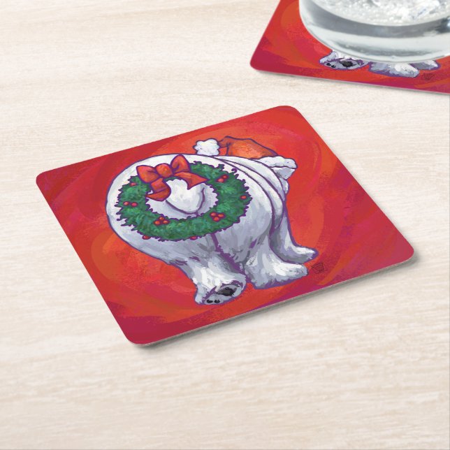 Polar Bear Christmas On Red Square Paper Coaster (Angled)