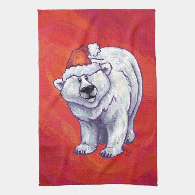 Polar Bear Christmas On Red Tea Towel (Vertical)