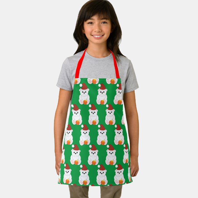 Polar bear Christmas Santa hat cute pattern green Apron (Insitu)