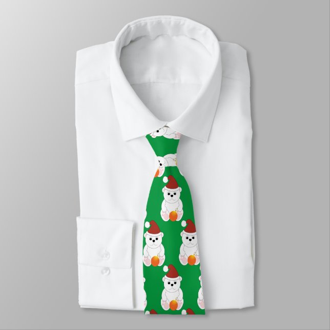 Polar bear Christmas Santa hat cute pattern green Tie (Tied)