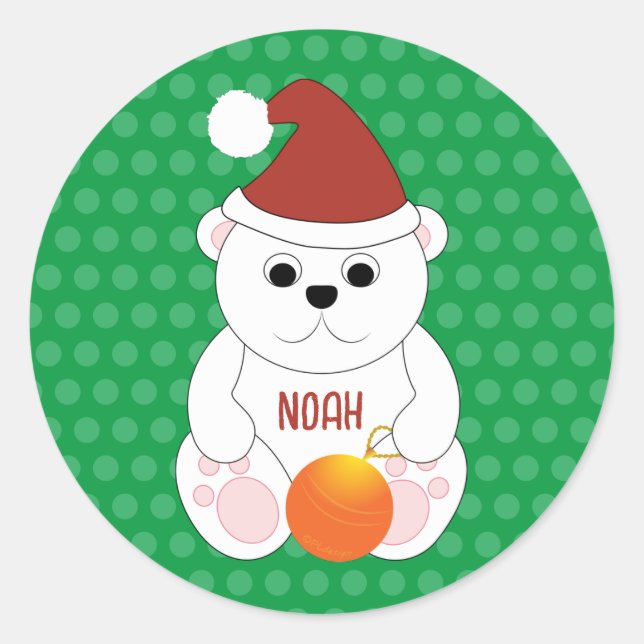 Polar bear Christmas Santa hat Personalise Classic Round Sticker (Front)