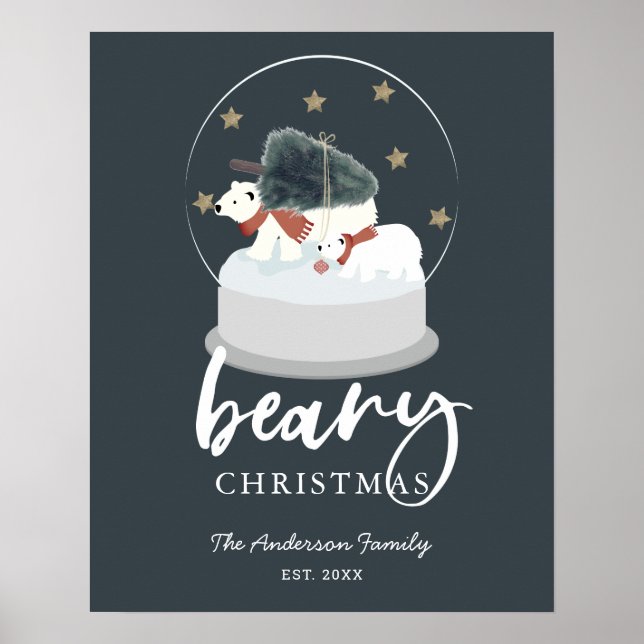 Polar Bear Christmas Tree Snow Globe Navy Blue Poster (Front)