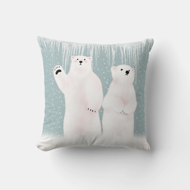 Polar Bear Couple In Snowflakes Throw Pillow (Front)