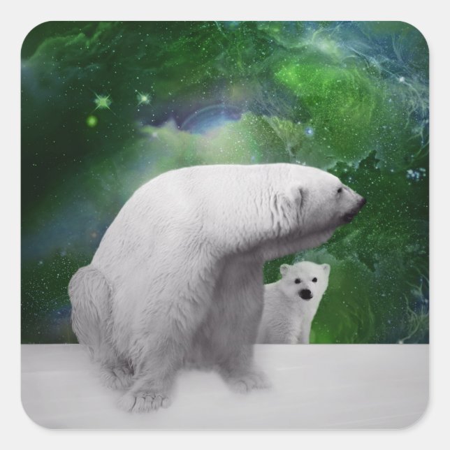 Polar Bear, cub and Northern Lights aurora Square Sticker (Front)