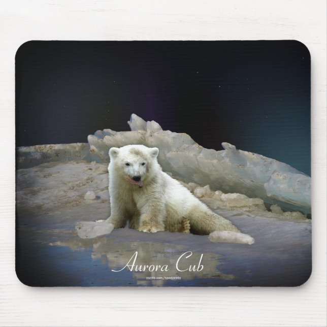Polar Bear Cub on Ice & Aurora Mousepad (Front)