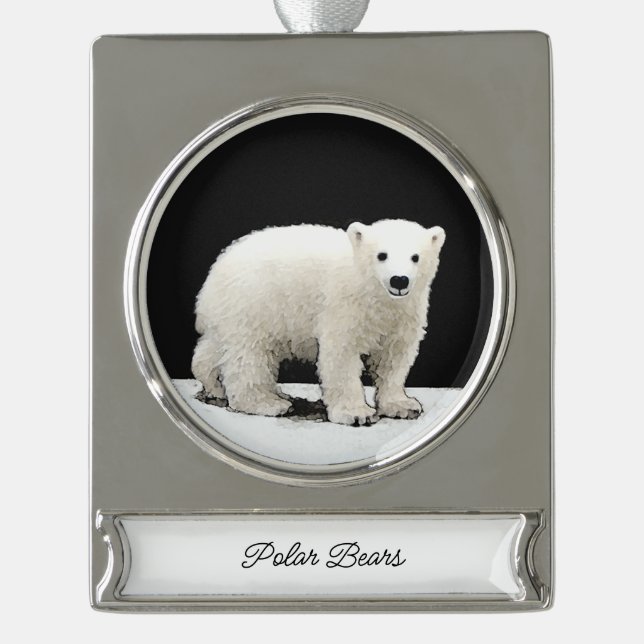 Polar Bear Cub Painting - Oiginal Wildlife Art Silver Plated Banner Ornament (Front)