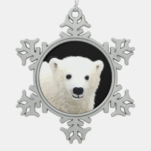 Polar Bear Cub Painting - Original Wildlife Art Snowflake Pewter Christmas Ornament