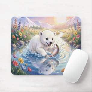 Polar Bear Cub Playing a Fish Mouse Pad