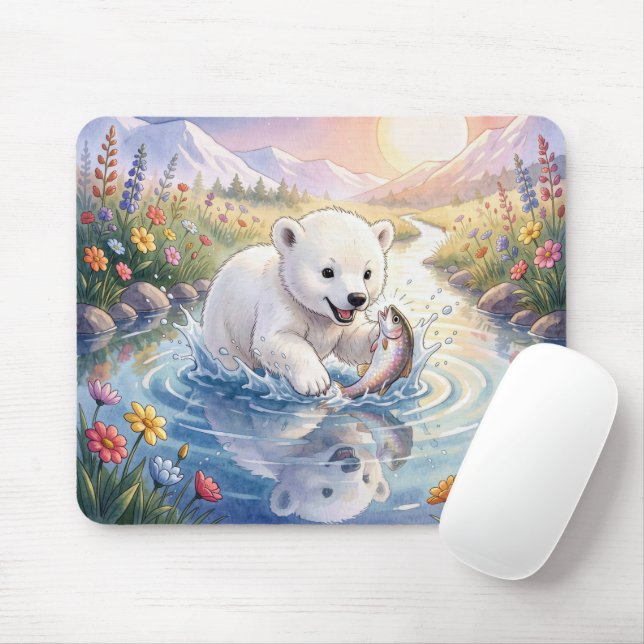 Polar Bear Cub Playing a Fish Mouse Pad (With Mouse)