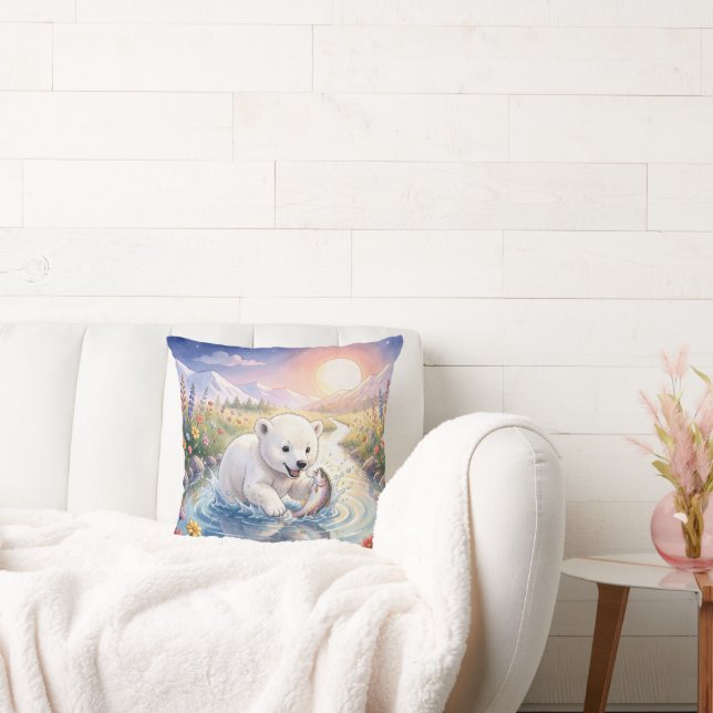 Polar Bear Cub Playing with a Fish Cushion (Couch)