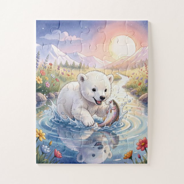Polar Bear Cub Playing with a Fish Jigsaw Puzzle (Vertical)