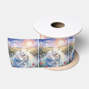 Polar Bear Cub Playing with a Fish Satin Ribbon