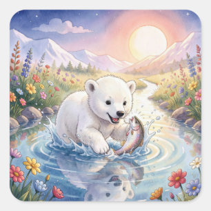 Polar Bear Cub Playing with a Fish Square Sticker