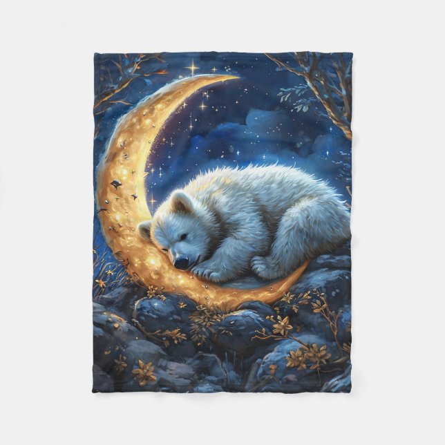 Polar Bear Dreaming on a Glowing Crescent Moon Fleece Blanket (Front)
