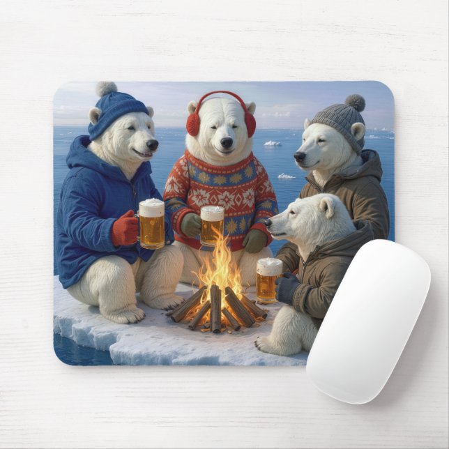 Polar Bear Drinking Around a Campfire  Mouse Pad (With Mouse)