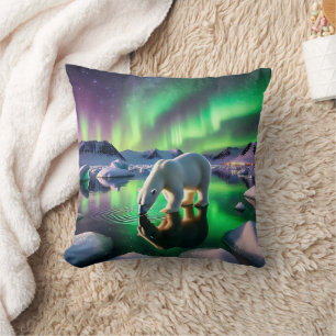 Polar Bear Drinking Water Under Aurora Borealis Cushion