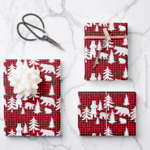 Polar Bear Family Christmas Red Buffalo Plaid Wrapping Paper Sheet