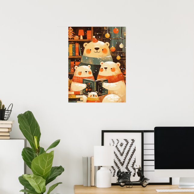 Polar Bear Family Reading Together on Christmas Poster (Home Office)