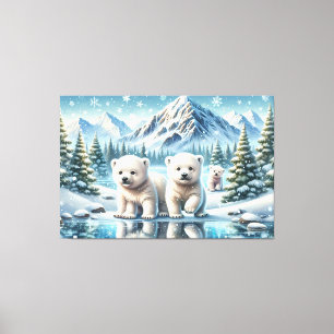 Polar Bear Family Snowy Mountain Landscape Canvas Print