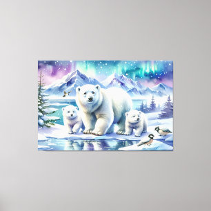 Polar Bear Family Snowy Scene Painting Canvas Print