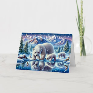 Polar Bear Family Snowy Scene Painting Foil Holiday Card