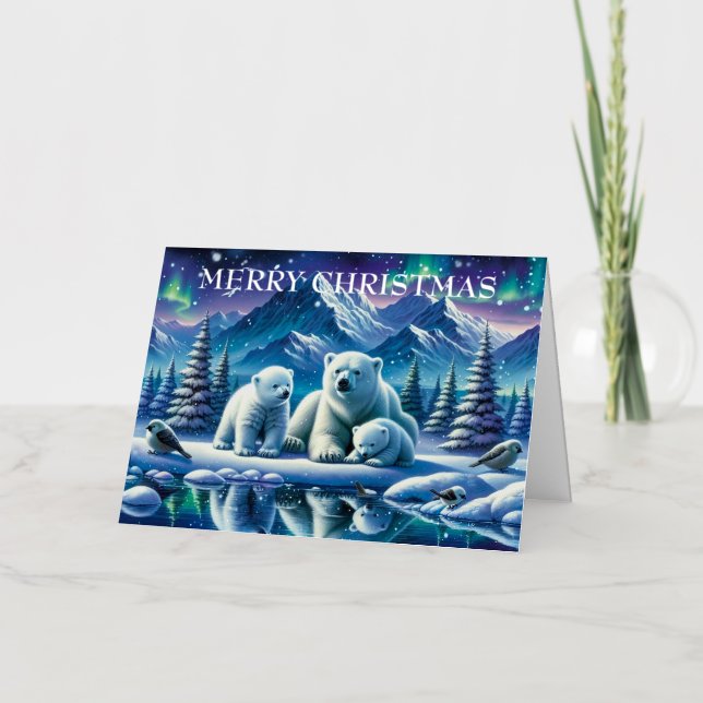 Polar Bear Family Snowy Scene Painting Foil Holiday Card (Front)