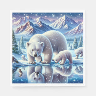 Polar Bear Family Snowy Scene Painting Napkin