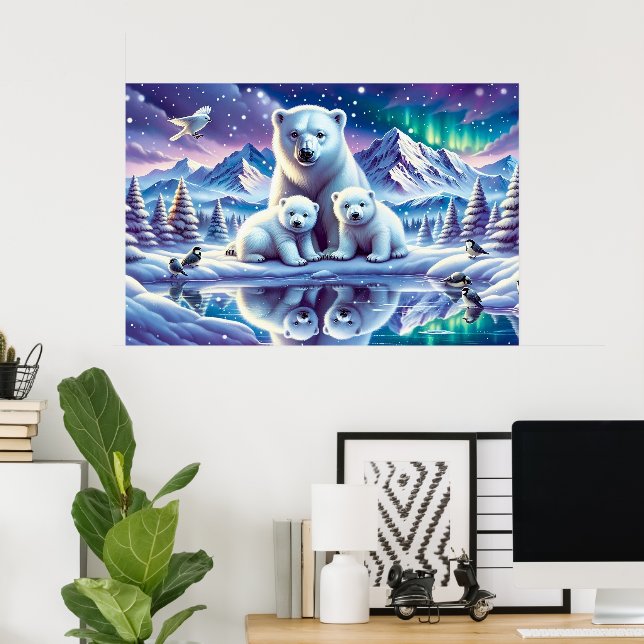 Polar Bear Family Snowy Scene Painting Poster (Home Office)