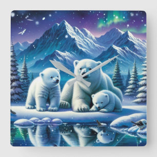 Polar Bear Family Snowy Scene Painting Square Wall Clock