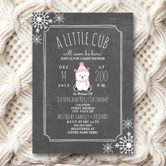 Polar Bear Girl Winter Pink Baby Shower Invitation (Creator Uploaded)