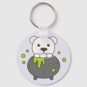 Polar Bear Happy Halloween Cauldron Bat Keychain