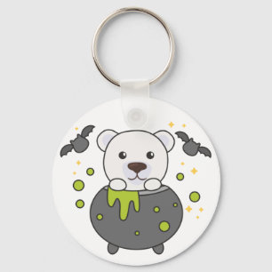Polar Bear Happy Halloween Cauldron Bat Keychain