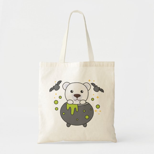 Polar Bear Happy Halloween Cauldron Bat Tote Bag (Front)