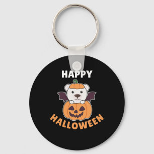 Polar Bear Happy Halloween Pumpkin Bat Costume Key Ring