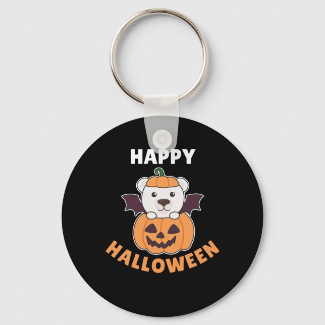 Polar Bear Happy Halloween Pumpkin Bat Costume Key Ring (Front)