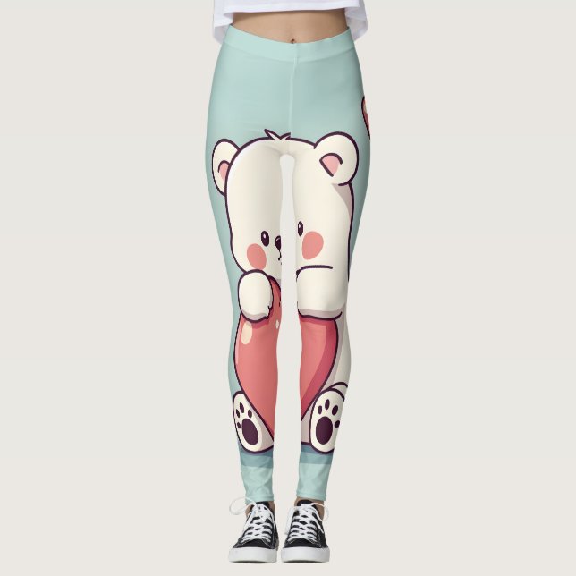 Polar Bear Hugging a Heart on a Light Blue Base Leggings (Front)